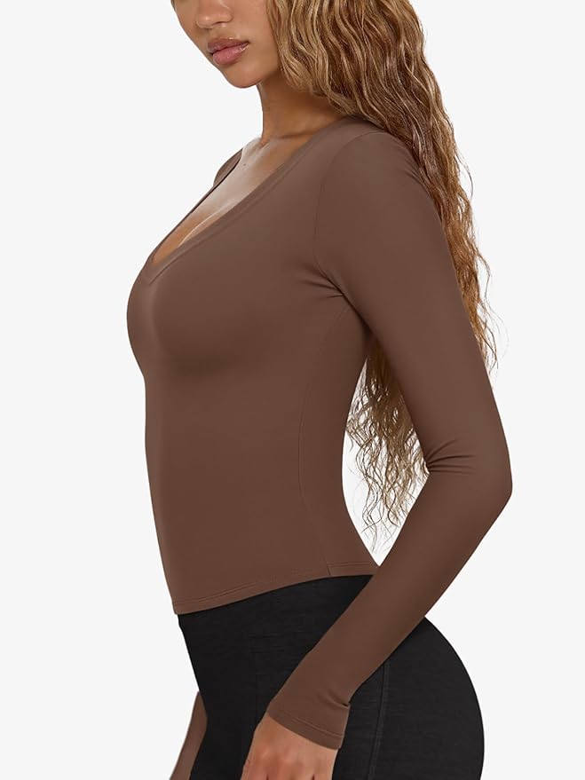 LASLULU Womens Long Sleeve Sexy V Neck T Shirts Basic Workout Tops Athletic Yoga Casual Crop Top