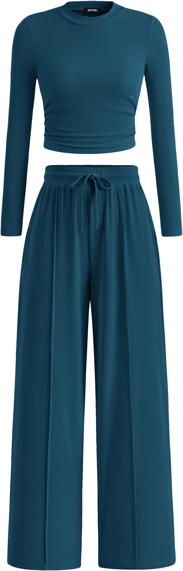 BTFBM Casual 2 Piece Sets For Women Fall Outfits 2026 Ribbed Spring Long Sleeve Crop Top Wide Leg Pants Matching Lounge Set