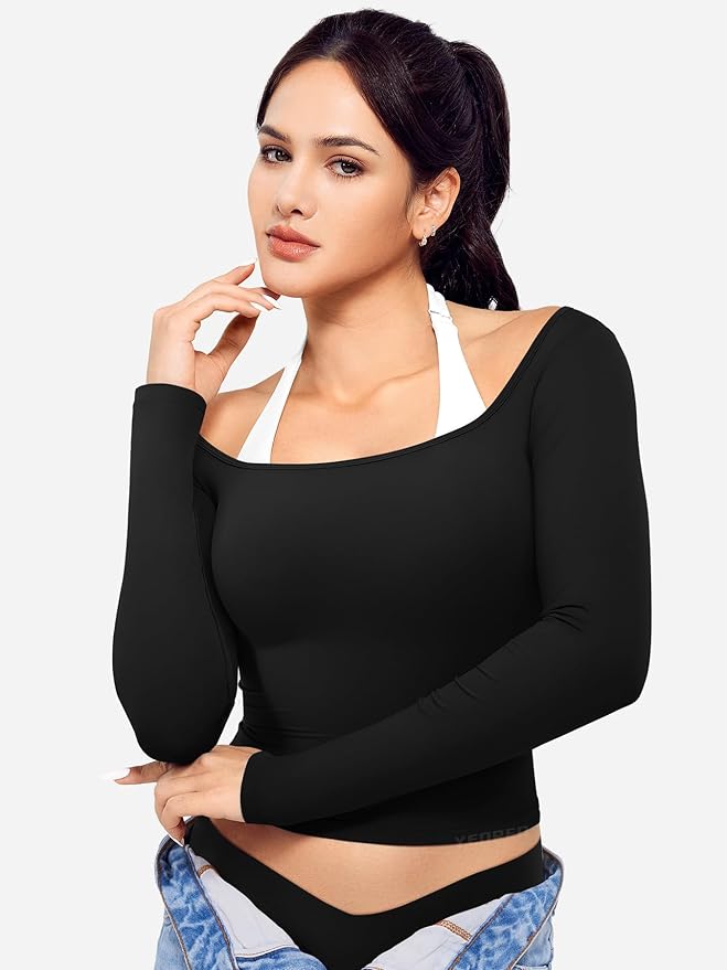 YEOREO Long Sleeve Workout Tops for Women Square Neck Slim Fitted Double Lined Compression Shirt Basic Casual Gym Yoga Tops