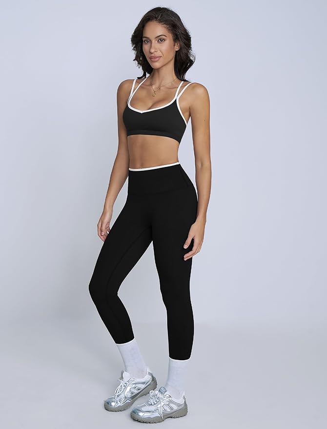 ABOCIW Two Piece Workout Sets for Women Color Block Strappy Sports Bra High Waist Leggings Yoga Pilates Outfits