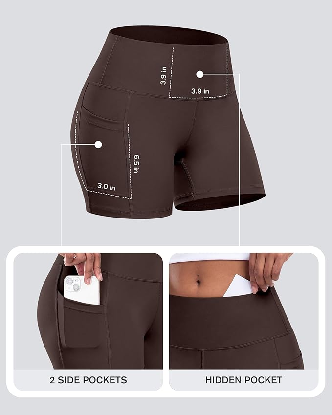 CHRLEISURE Womens Biker Yoga Shorts with Pocket, High Waisted Tummy Control 5 Inch Workout Spandex Athletic Gym Shorts