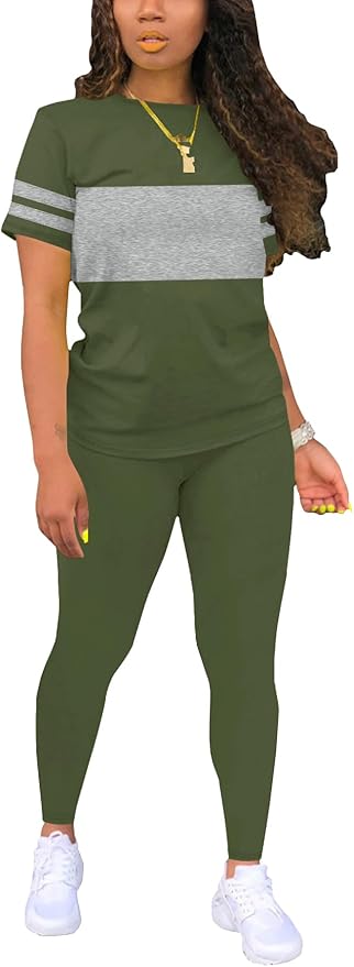 Two Piece Sets for Women Summer Short Sleeve Striped Crewneck Slim Fit Active Casual Sweatsuits