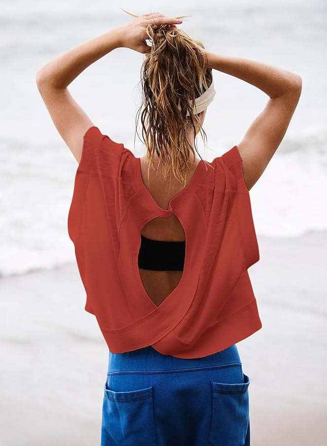 Kumufenc Women Short Sleeve Workout Shirts Open Back Tops Casual Yoga Y2k Athletic Gym Slouchy Crop Running Tees