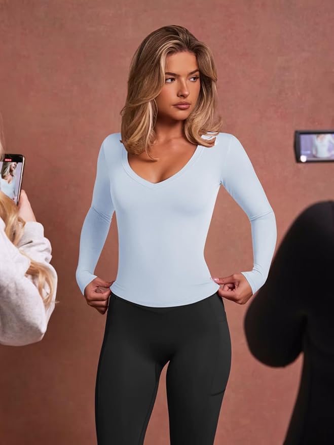 LASLULU Womens Long Sleeve Sexy V Neck T Shirts Basic Workout Tops Athletic Yoga Casual Crop Top