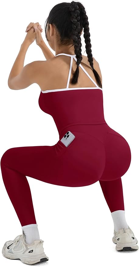 SUUKSESS Women 2 Piece Workout Sets Compression Tummy Control Leggings with Pockets Halter Built in Bra Tank Tops