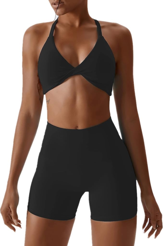 ABOCIW Workout Sets for Women 2 Piece Twist Front Halter Sports Bras High Waist Biker Shorts Exercise Gym Yoga Outfit