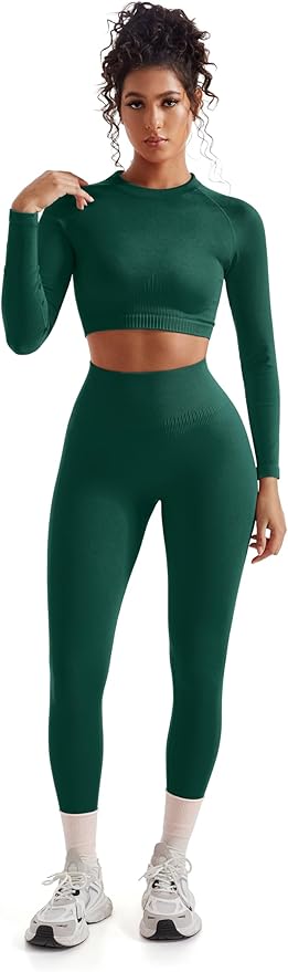 SUUKSESS Women 2 Piece Workout Sets Hidden Scrunch Hip Lifting Seamless Leggings Long Sleeve Yoga Crop Tops
