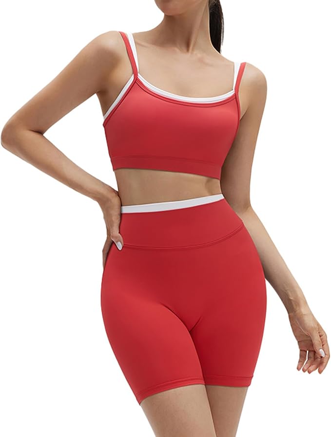 SUUKSESS Women 2 Pieces Workout Sets Padded Spaghetti Straps Camis High Waist Biker Shorts
