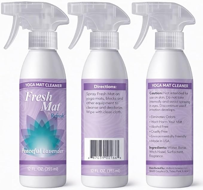 Fresh Mat Yoga Mat Cleaner Spray - Natural Deodorizing Cleaner for Yoga Mats & Fitness Equipment - No-Rinse, Residue-Free Formula with Witch Hazel & Essential Oil, Peaceful Lavender (12 fl oz).