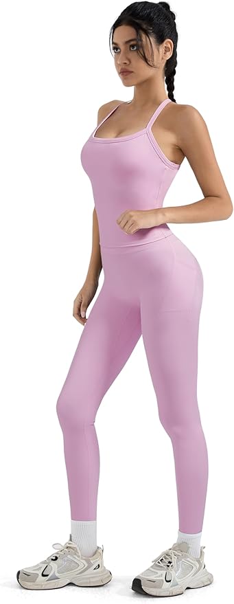 SUUKSESS Women 2 Piece Workout Sets Compression Tummy Control Leggings with Pockets Halter Built in Bra Tank Tops