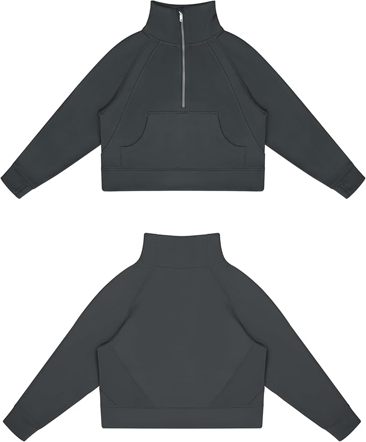 THE GYM PEOPLE Womens' Half Zip Pullover Fleece Stand Collar Crop Sweatshirt with Pockets Thumb Hole