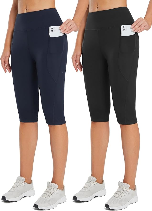baleaf Women's Capri Leggings with Pockets High Waisted Knee Length Capris Stretch for Casual Yoga Pants Workout Exercise