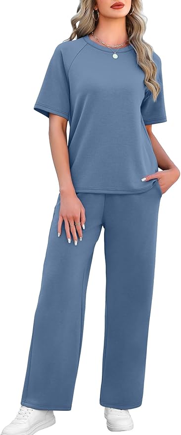 WIHOLL 2 Piece Sets for Women Resort Wear Travel Vacation Outfits Summer Short Sleeve Lounge Sets