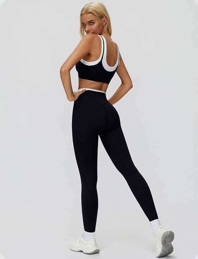 Women 2 Piece Workout U Back Color Block Sports Bra High Waist Active Leggings Yoga Pilates Outfits