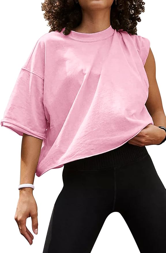 Women's Oversize Workout Crop Tops Casual Short Sleeve Drop Shoulder Boxy T-Shirts Roll Hem Basic Loose Yoga Running Tees