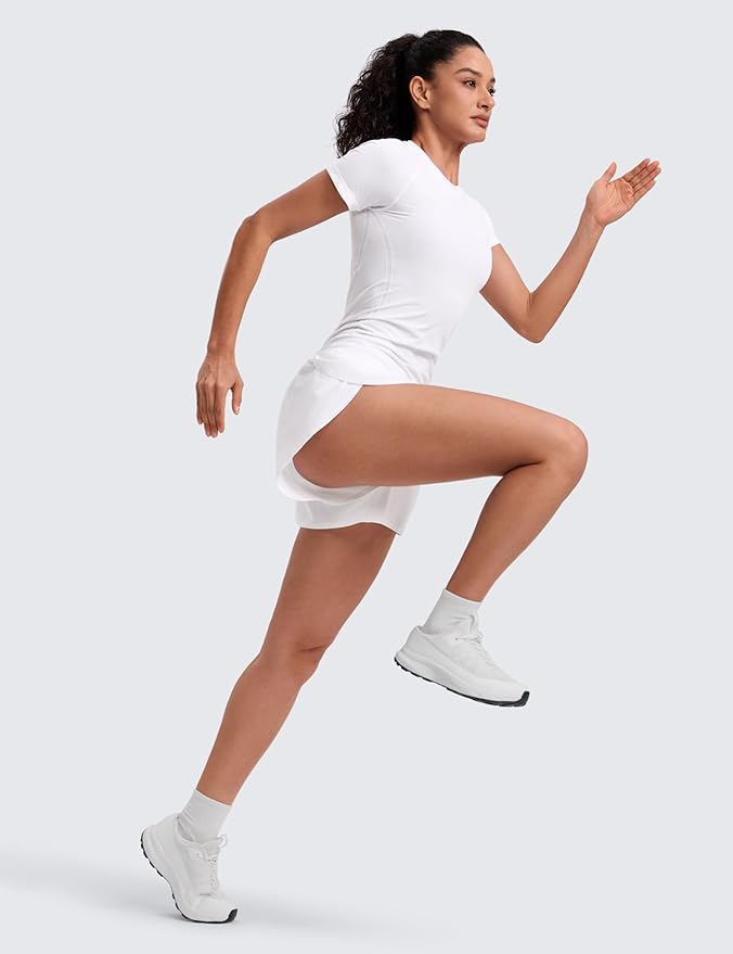 CRZ YOGA Seamless Workout Tops for Women Hip Length - Athletic Running Gym Yoga Short Sleeve Shirts Breathable Crewneck Tees