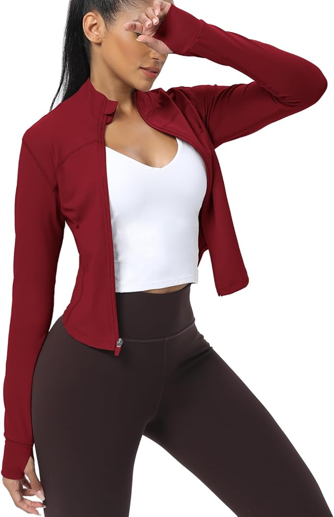 AVGO Women's Cropped Running Workout Jackets Zip Slim Fit Athletic Tops with Thumb Holes