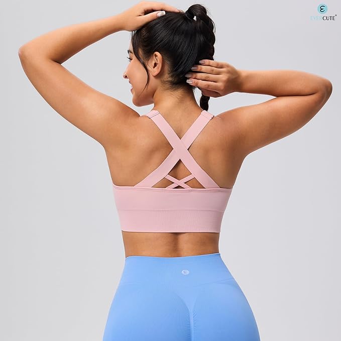 Evercute Sports Bras for Women Padded Medium Support Criss Cross Strappy Bra Seamless High Impact Yoga Exercise Athletic Bras