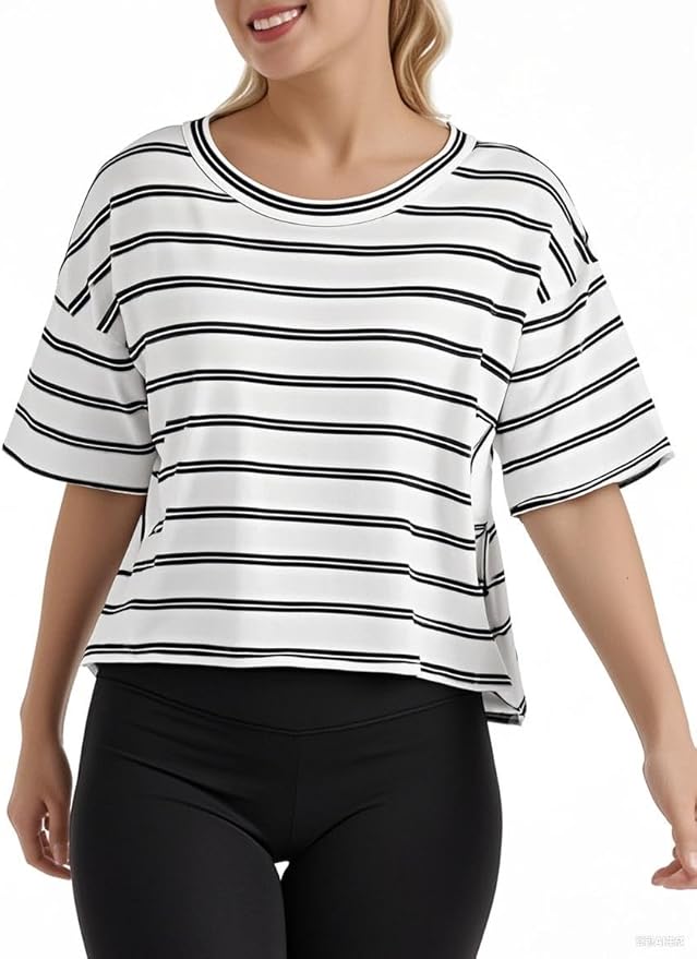 Women's Oversize Workout Crop Tops Casual Short Sleeve Drop Shoulder Boxy T-Shirts Roll Hem Basic Loose Yoga Running Tees