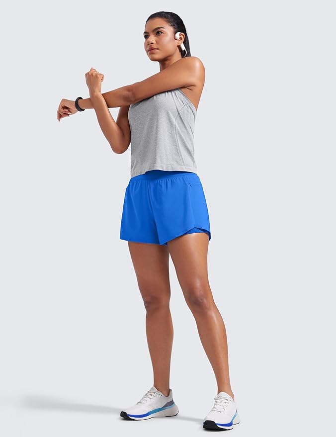 CRZ YOGA 2 in 1 Double Layer Running Shorts for Women 3" - High Waisted for Athletic Tennis Workout with Zip Pockets