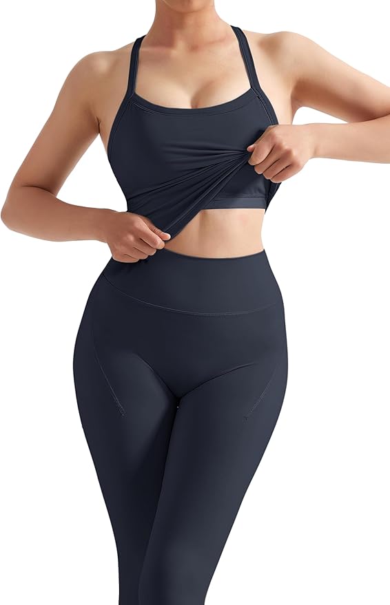 SUUKSESS Women 2 Piece Workout Sets Compression Tummy Control Leggings with Pockets Halter Built in Bra Tank Tops