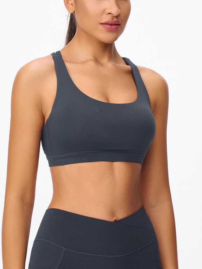 Women's Strappy Sports Bras Light Compression Crop Criss Cross Back Padded Workout Yoga Bra Supportive U Neckline