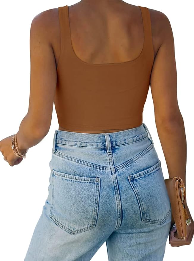 REORIA Women’s Sexy Square Neck Double Lined Seamless Sleeveless Cropped Tank Yoga Crop Basic Tops