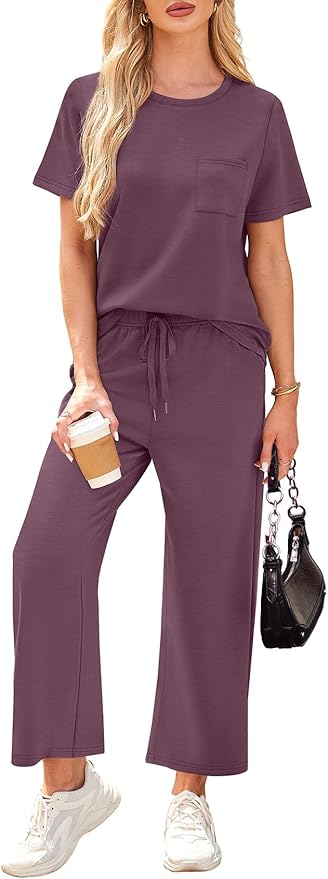 WIHOLL 2 Piece Sets for Women Casual Summer Travel Vacation Outfits Short Sleeve Wide Leg Crop Pants Lounge Sets