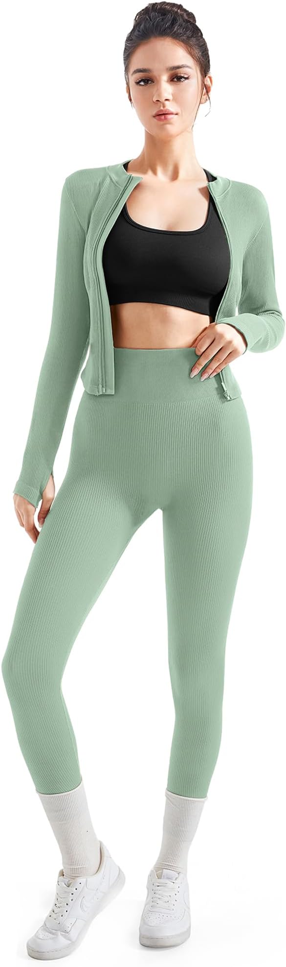 SUUKSESS Women 2 Piece Seamless Ribbed Workout Sets With Zip Up Jacket High Waisted Gym Yoga Leggings