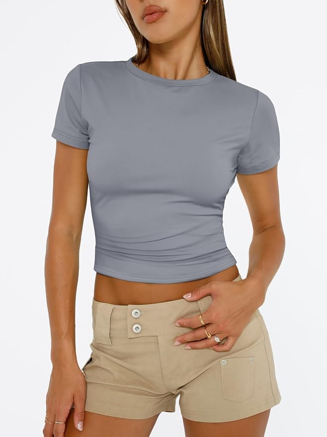 Trendy Queen Womens Short Sleeve T Shirts - Buttery Soft Summer Crop Tops Slim Fit Y2k Basic Tees for Workout
