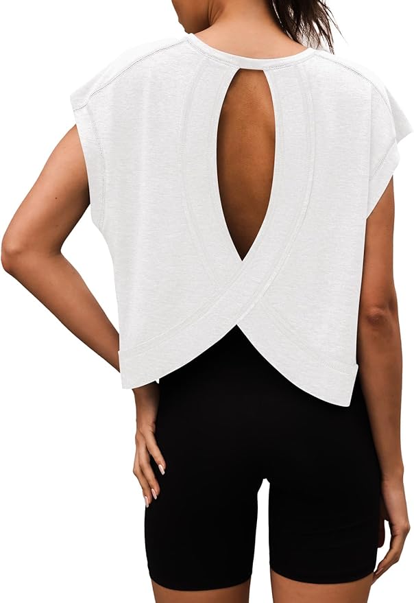 Women Open Back Workout Shirts Short Sleeve Tops Casual Yoga Y2k Athletic Gym Running Crop Tees