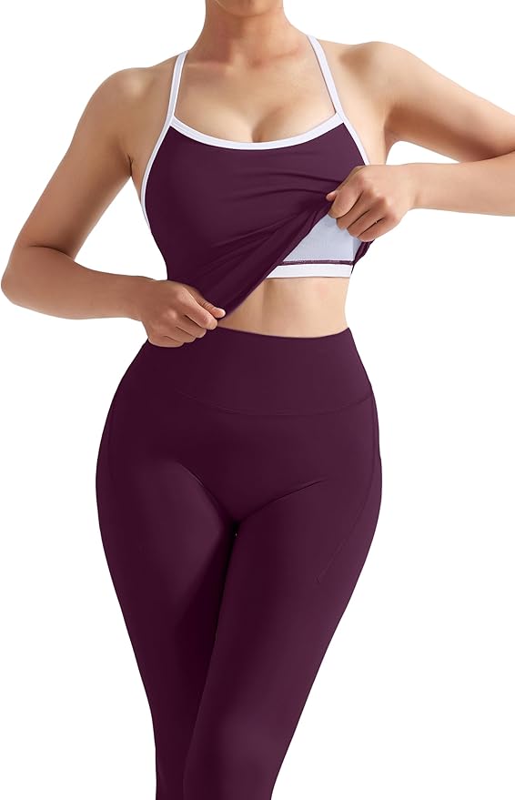 SUUKSESS Women 2 Piece Workout Sets Compression Tummy Control Leggings with Pockets Halter Built in Bra Tank Tops