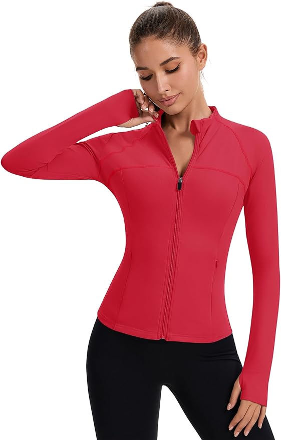 Rapbin Women's Full Zip Workout jackets Runing Slim Fit Athletic Tops With Thumb Holes