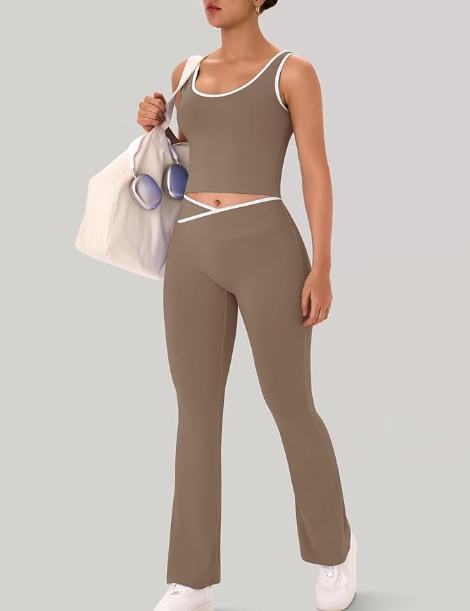 OLCHEE Womens Workout Sets 2 Piece Gym Yoga Outfits Crossover Flare Leggings Crop Tank Top with Contrast Trim
