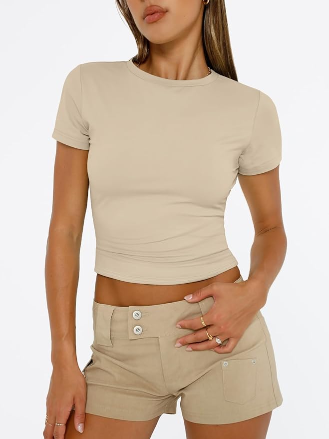 Trendy Queen Womens Short Sleeve T Shirts - Buttery Soft Summer Crop Tops Slim Fit Y2k Basic Tees for Workout