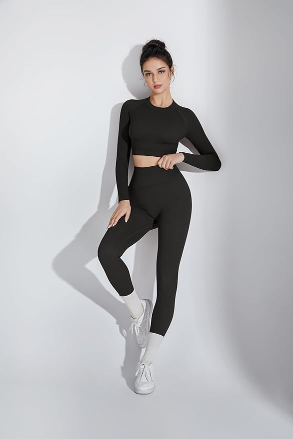 SUUKSESS Women 2 Piece Workout Sets Hidden Scrunch Hip Lifting Seamless Leggings Long Sleeve Yoga Crop Tops