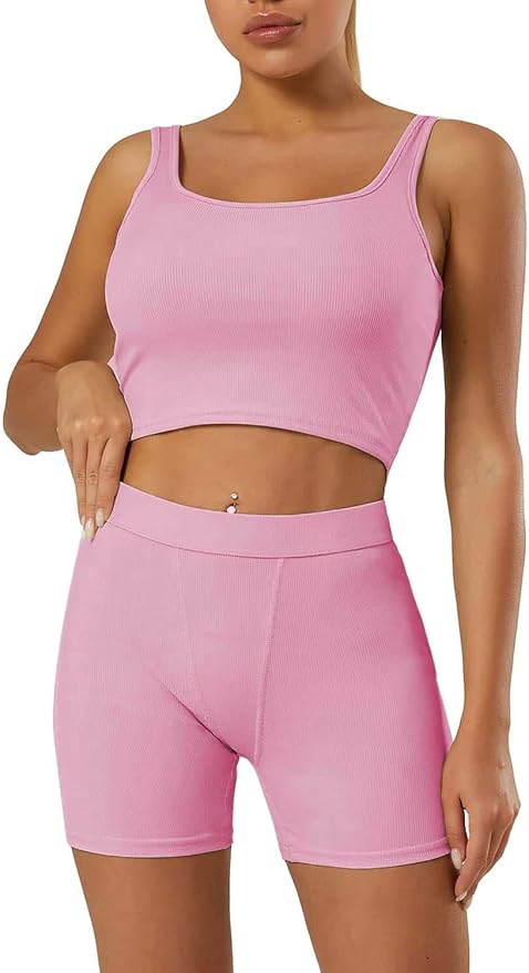 LICOBOD Casual Workout Sets 2 Piece Outfits for Women Ribbed Crop Tank Top High Waist Yoga Leggings Lounge Wear Tracksuit