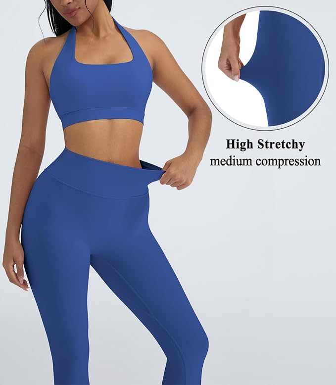 OMKAGI 2 Piece Workout Sets for Women Halter Sports Bras Gym Sets Booty Leggings Outfits