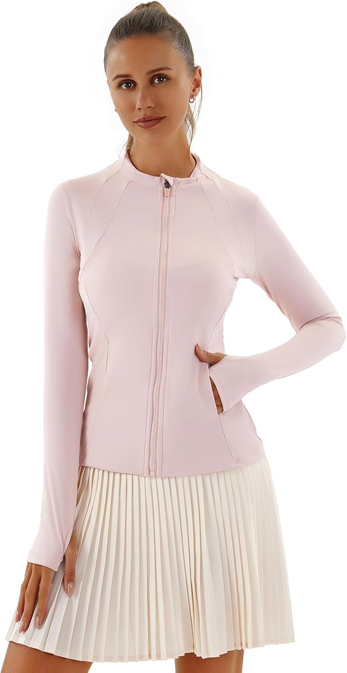 Women Jacket Full Zip UP Workout Athletic Cropped Jacket wIth Thumb Holes Running Yoga Sportswear
