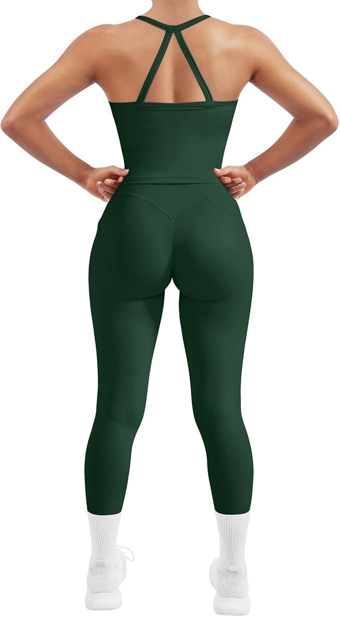 SUUKSESS Women 2 Piece Workout Sets Compression Tummy Control Leggings with Pockets Halter Built in Bra Tank Tops