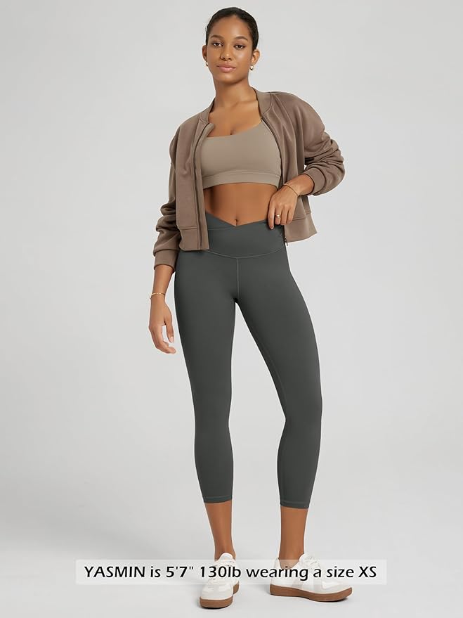 ODODOS Women's Cross Waist Yoga Leggings with Inner Pocket, 23"/25"/28" Gathered Crossover Workout Yoga Pants