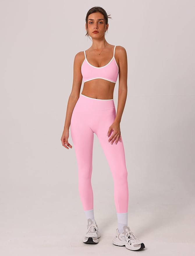 ABOCIW Womens 2 Piece Workout Sets Seamless Color Block Sports Bra Scrunch Butt Lifting High Waist Leggings Gym Set