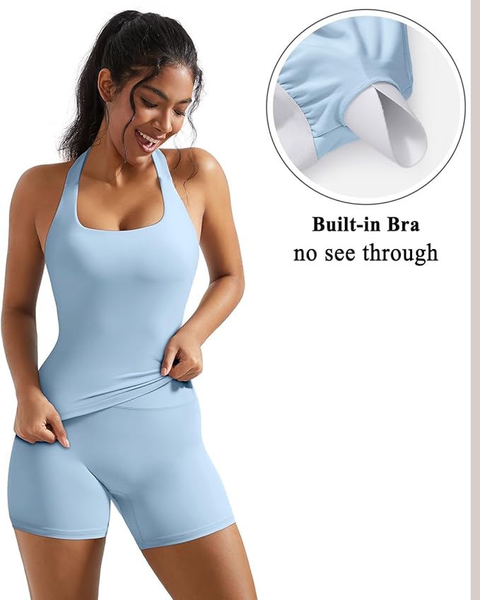 OMKAGI 2 Piece Workout Sets for Women Halter Sports Bra Tank Gym Biker Shorts Outfits