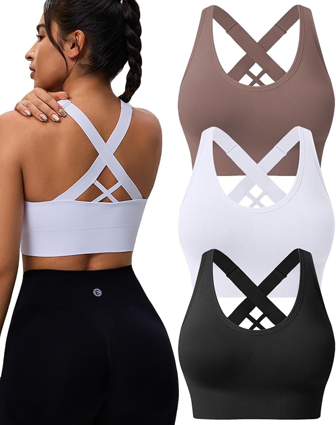 Evercute Sports Bras for Women Padded Medium Support Criss Cross Strappy Bra Seamless High Impact Yoga Exercise Athletic Bras