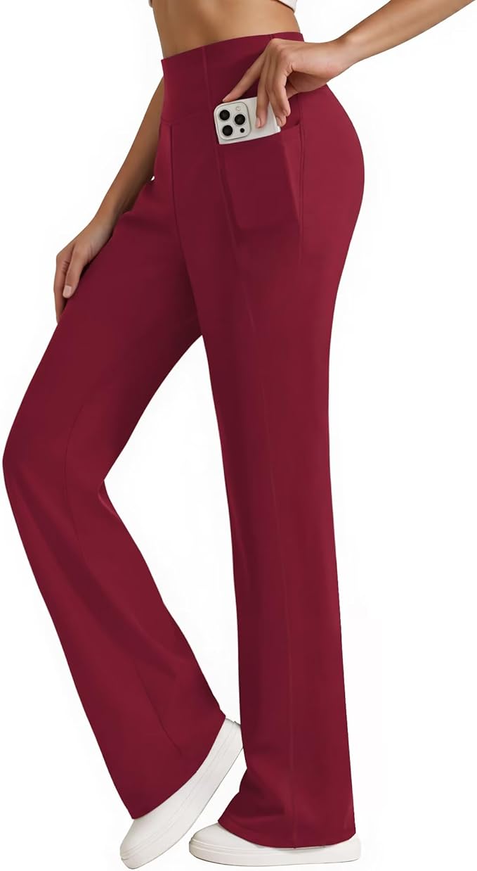 Womens High Waist Yoga Pants Stretchy Casual Trousers Straight Leg Pull On Side Pockets
