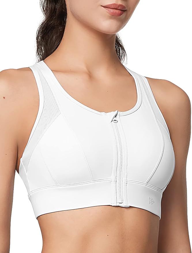 Yvette High Impact Zip Front Sports Bra Mesh Racerback Workout High Support Sports Bras for Women Large Breasts