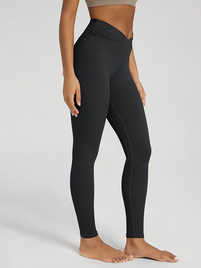 ODODOS Women's Cross Waist Yoga Leggings with Inner Pocket, 23"/25"/28" Gathered Crossover Workout Yoga Pants