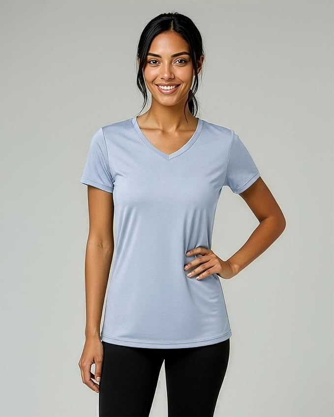 Real Essentials 5 Pack: Women's Dry-Fit Short Sleeve V Neck T Shirt Workout Fitness Yoga Top Tee (Available in Plus Size)
