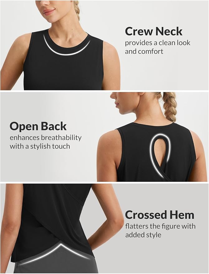 baleaf Women's Workout Tops Athletic Tank Tops Loose Fit Sleeveless Open Back Running Shirts UPF50+ Gym Exercise Yoga