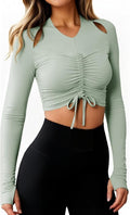 Fisoew Womens Long Sleeve Ruched Tops Workout Slim Fit Cropped Drawstring Shirts Gym Yoga Outfits